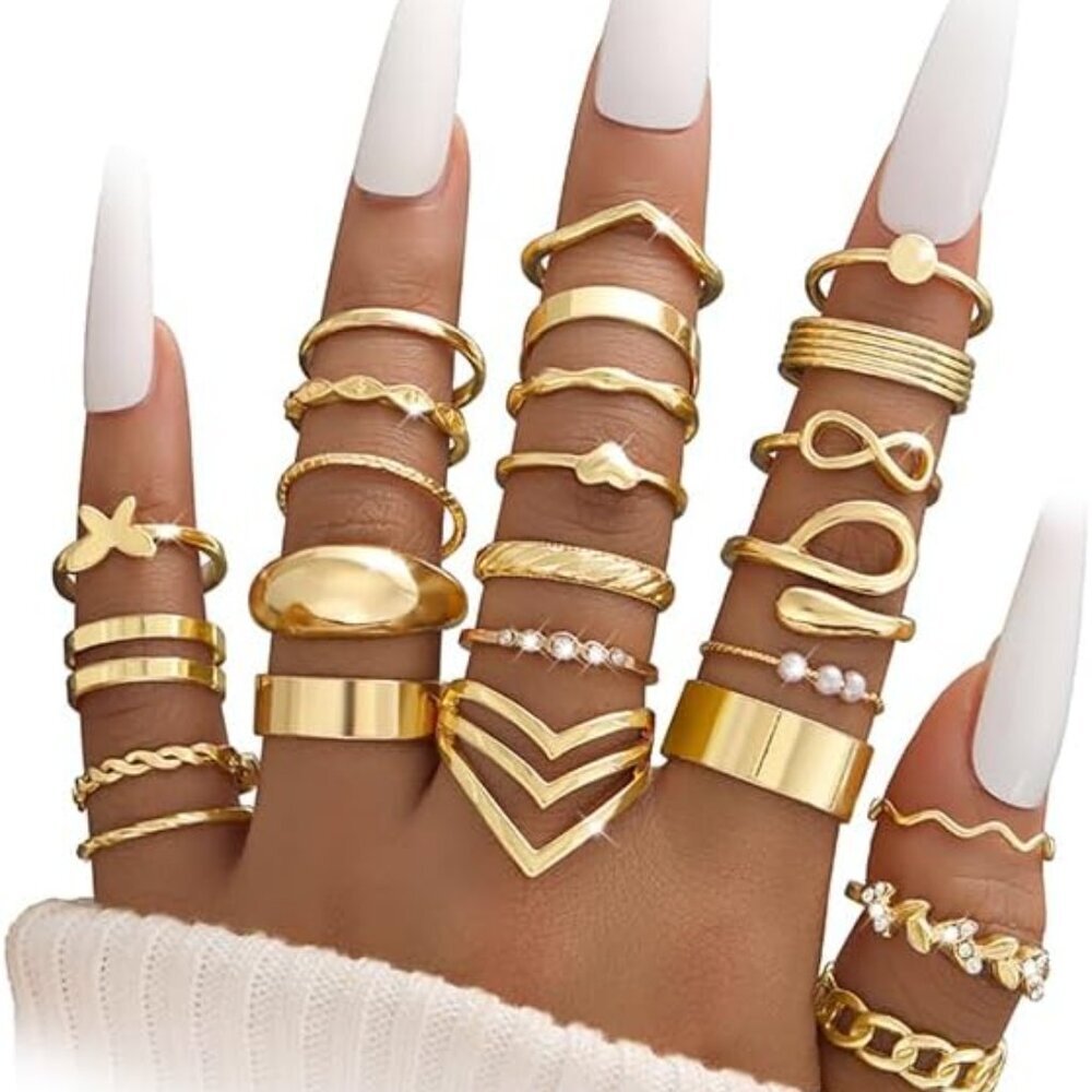 25 Pcs Gold Knuckle Ring Set for Women, Chunky Stackable Finger Midi Rings, Silv